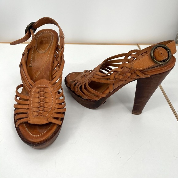 Frye‎ Joy Huarache Heeled Sandals Brown Size 7 Women's Leather Slingback Strap - Picture 1 of 12